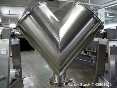Used Bush Tank Fab Twin Shell Blender. 316 Stainless steel construction, rated 70#/cu ft max material density, provision for cantilevered bar less bar with 2 hp, 208 volt drive, main drive, 20" feed ...