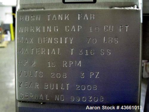 Used Bush Tank Fab Twin Shell Blender. 316 Stainless steel construction, rated 70#/cu ft max material density, provision for cantilevered bar less bar with 2 hp, 208 volt drive, main drive, 20" feed ...
