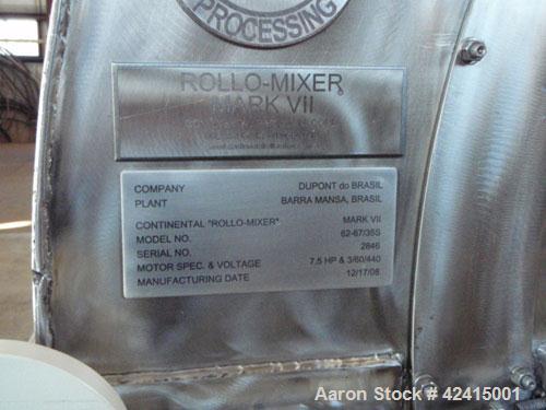 Used Continental "Rollo-Mixer" Mark VII, model 62-67/35S. 67 Cubic feet, 304L stainless steel, 7.5 hp TEFC inverter duty motor and cyclo drive for Class II service, 10" x 20" discharge chute, 10" x 2...