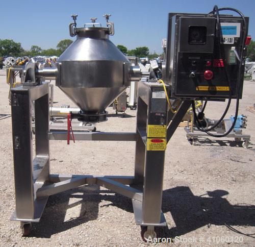 Used Gemco Double Cone Blender, 3 Cubic Feet, 304 Stainless Steel. Maximum material density 90 pounds a cubic foot. 26" diameter x 8" straight side x 10" cone x 12" cone. 11" diameter top inlet with ...