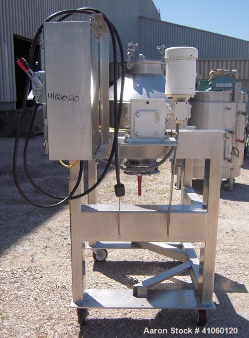 Used Gemco Double Cone Blender, 3 Cubic Feet, 304 Stainless Steel. Maximum material density 90 pounds a cubic foot. 26" diameter x 8" straight side x 10" cone x 12" cone. 11" diameter top inlet with ...