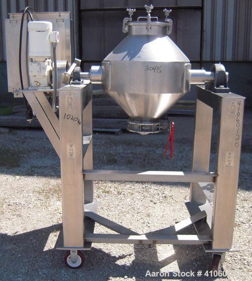 Used Gemco Double Cone Blender, 3 Cubic Feet, 304 Stainless Steel. Maximum material density 90 pounds a cubic foot. 26" diameter x 8" straight side x 10" cone x 12" cone. 11" diameter top inlet with ...