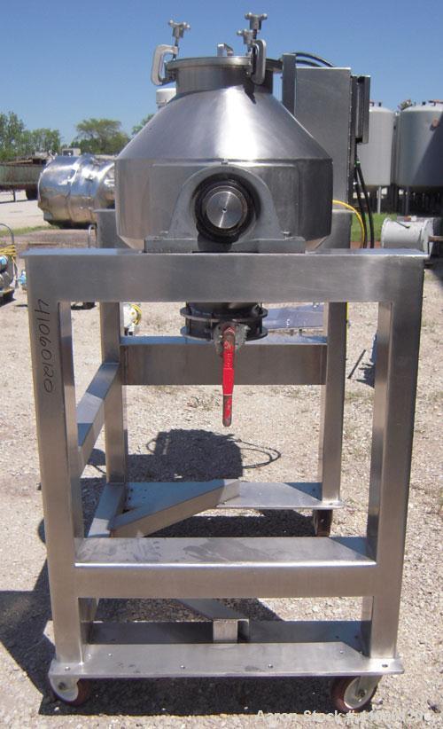 Used Gemco Double Cone Blender, 3 Cubic Feet, 304 Stainless Steel. Maximum material density 90 pounds a cubic foot. 26" diameter x 8" straight side x 10" cone x 12" cone. 11" diameter top inlet with ...