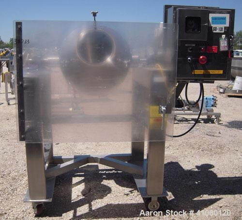 Used Gemco Double Cone Blender, 3 Cubic Feet, 304 Stainless Steel. Maximum material density 90 pounds a cubic foot. 26" diameter x 8" straight side x 10" cone x 12" cone. 11" diameter top inlet with ...