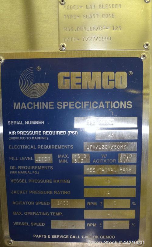 Used- Stainless Steel Gemco Slant Cone Lab Blender, 8 Quart (0.26 Cubic Feet) Wo