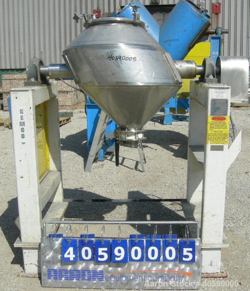 Used Gemco Slant Cone Blender, 5 cubic feet working capacity, 316 stainless steel. Maximum material density 265 pounds per cubic foot. Approximately 31 1/2'' diameter x 10'' and 17'' cones. 16'' char...
