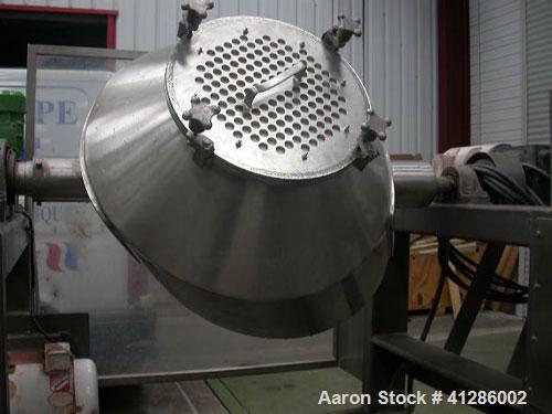 Used Gemco Double Cone Blender/Mixer, 316 stainless steel, for dry or wet product. Total capacity 5 cubic feet (150 liter), working capacity 3 cubic feet (max 80 liter/kgs). Inside tank dimensions: 2...