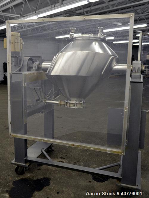 Used Gemco Slant Cone Blender, 5 Cubic Feet Working Capacity, 316 Stainless Steel. Approximately 31-1/2” diameter x 16” and 10” cones.  16” Diameter charge port with cover, 6” center bottom outlet wi...
