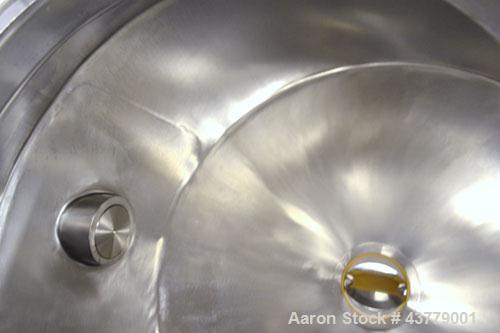 Used Gemco Slant Cone Blender, 5 Cubic Feet Working Capacity, 316 Stainless Steel. Approximately 31-1/2” diameter x 16” and 10” cones.  16” Diameter charge port with cover, 6” center bottom outlet wi...