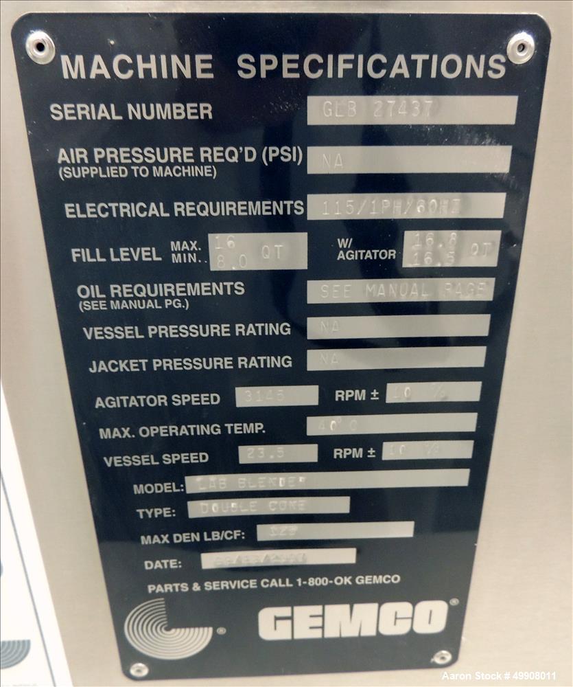 Used Gemco Double Cone Blender, Model Lab Blender, 16 and 8 Quart Capacity