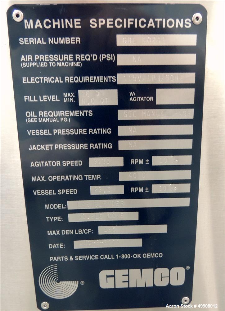 Used- Gemco Double Cone Blender, Model Lab Blender, 16 and 8 Quart Capacity