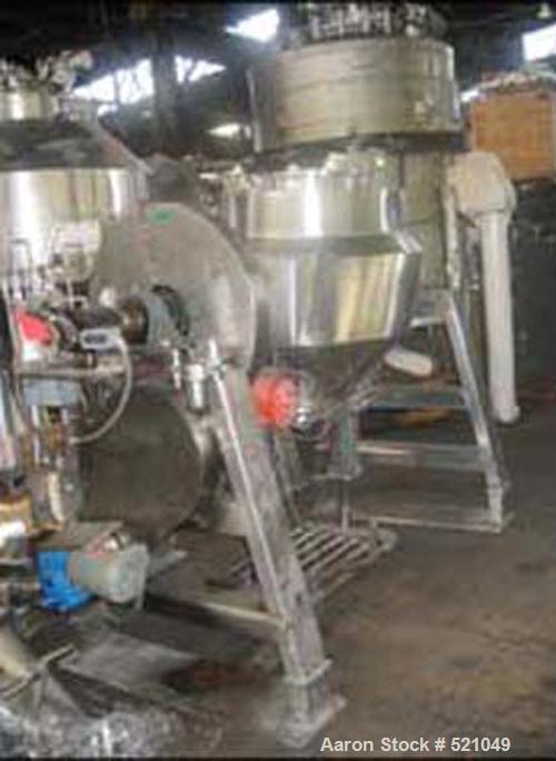 USED: 10 cu ft Gemco slant cone blender, all stainless steelconstruction including bucket, legs and guards. Rated 150#/cu ftmax material density, 18" feed port, 14" discharge with Gemcomaticloader/un...