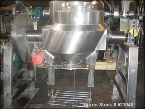 USED: 10 cu ft Gemco slant cone blender, all stainless steelconstruction including bucket, legs and guards. Rated 150#/cu ftmax material density, 18" feed port, 14" discharge with Gemcomaticloader/un...