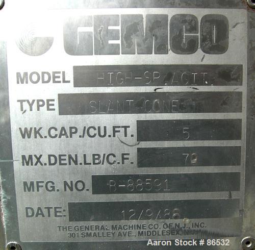 USED: Gemco slant double cone blender, 5 cu ft working capacity, 304 stainless steel. Max material density 70#/cubic foot. Approx 30" diameter x 10" straight side x 12" and 15" cones. 16" diameter to...
