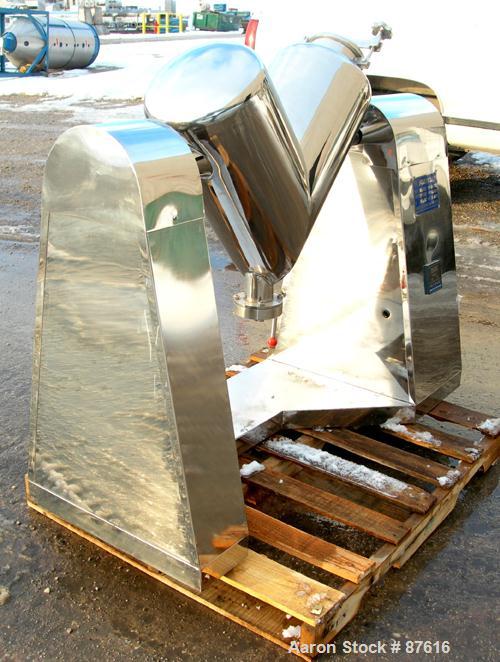 Unused-NEW: IMV twin shell blender, model ZKH-.05. .7 cubic feet (20 liter) working capacity. 304 stainless steel. Max batch load 12 kilograms (26 pounds). 12" diameter cones. (1) Quick release cover...