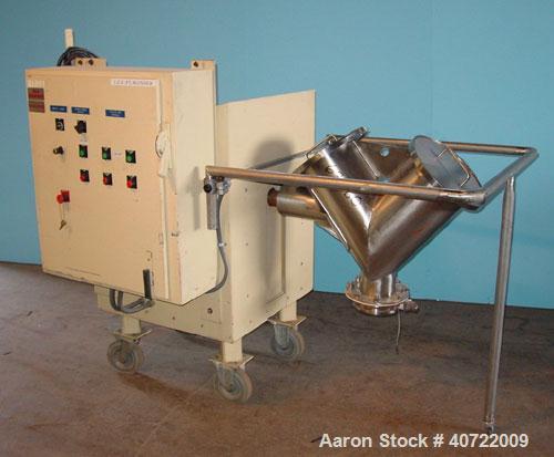 Used Lightnin Twin Shell Blender, 1 cubic foot capacity, stainless steel. Maximum gross weight 260 pounds, tare weight 200 pounds. Intensifier bar and blender each driven by a 1.5 hp, 3/208-230 volt ...