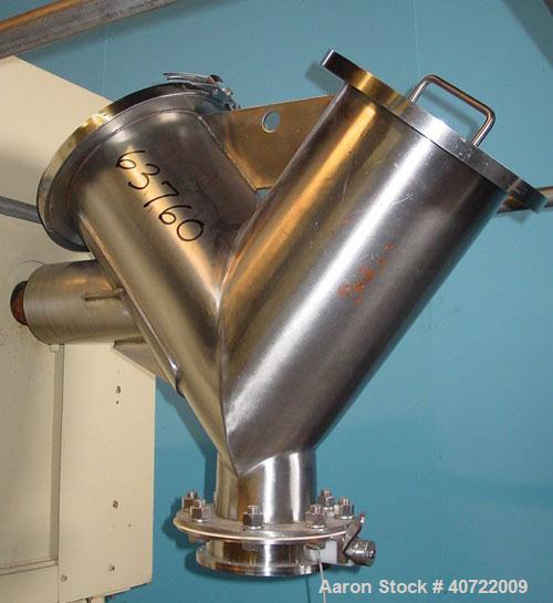 Used Lightnin Twin Shell Blender, 1 cubic foot capacity, stainless steel. Maximum gross weight 260 pounds, tare weight 200 pounds. Intensifier bar and blender each driven by a 1.5 hp, 3/208-230 volt ...