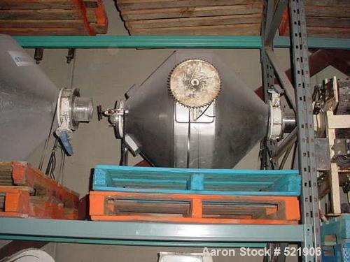 USED: Patterson 8.7 cu ft double cone mixer, stainless steel. Painted carbon steel frames, 1 hp motor with magnetic brake. Overall height 8'2" x 41" wide. 6" discharge with butterfly valve. Discharge...