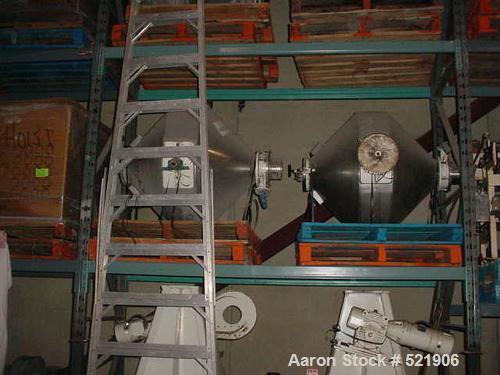 USED: Patterson 8.7 cu ft double cone mixer, stainless steel. Painted carbon steel frames, 1 hp motor with magnetic brake. Overall height 8'2" x 41" wide. 6" discharge with butterfly valve. Discharge...