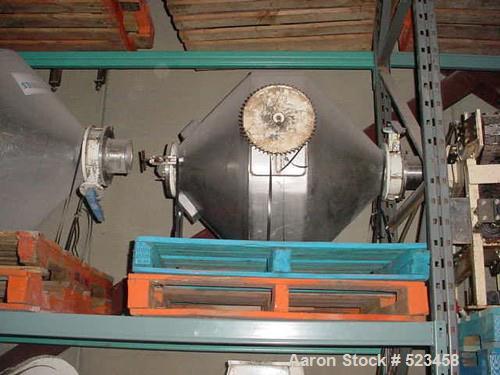 USED: Patterson 8.7 cu ft double cone mixer, stainless steel. Painted carbon steel frames, 1 hp motor with magnetic brake. Overall height 8'2" x 41" wide. 6" discharge with butterfly valve. Discharge...