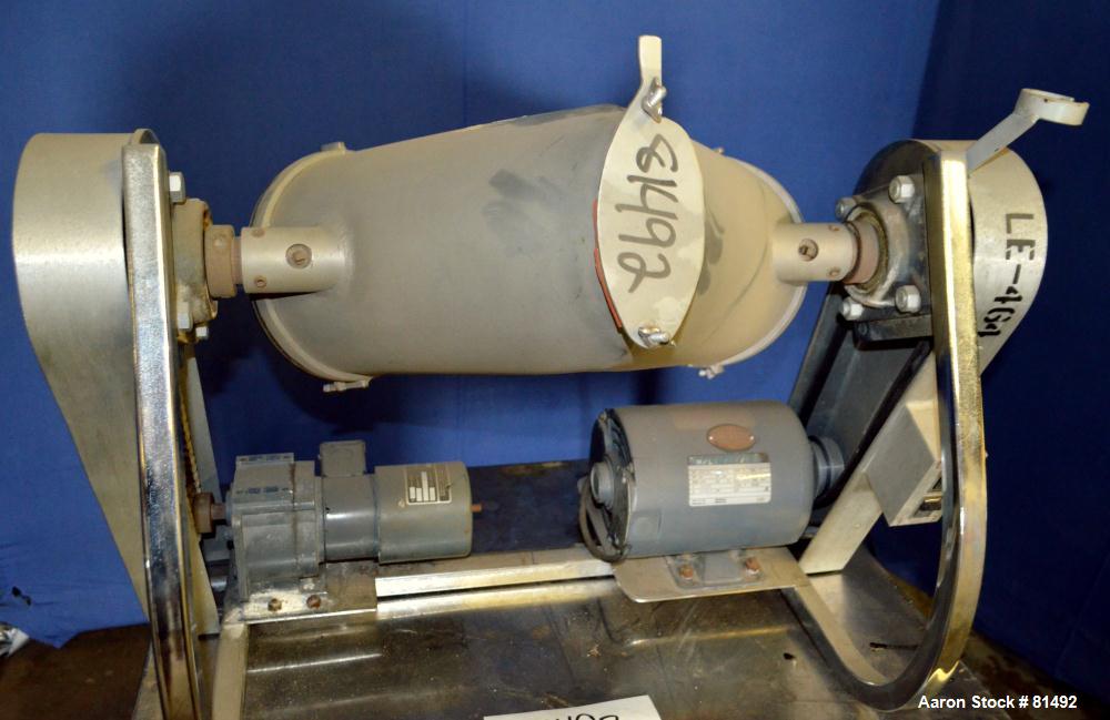 Used Patterson-Kelley Twin Shell Liquid-Solids Blender, 0.26 Cubic Feet Capacity (8 Quart), 304 Stainless Steel. (2) 7-1/2" Diameter x 15" deep shells with quick release top covers. Shell driven by a...