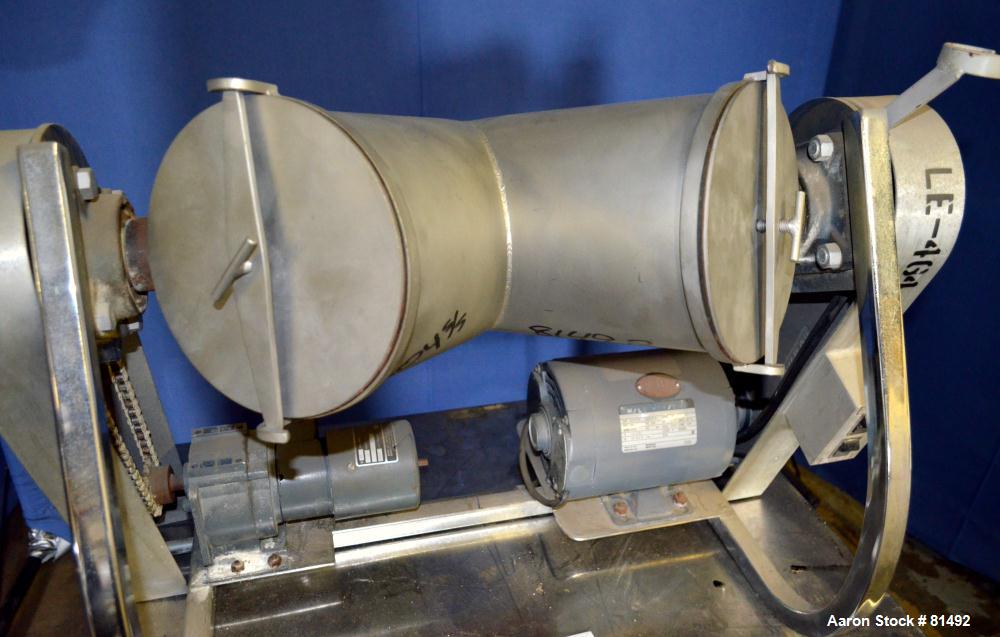 Used Patterson-Kelley Twin Shell Liquid-Solids Blender, 0.26 Cubic Feet Capacity (8 Quart), 304 Stainless Steel. (2) 7-1/2" Diameter x 15" deep shells with quick release top covers. Shell driven by a...