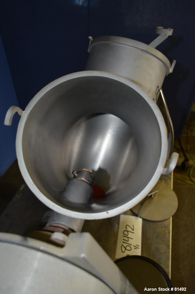 Used Patterson-Kelley Twin Shell Liquid-Solids Blender, 0.26 Cubic Feet Capacity (8 Quart), 304 Stainless Steel. (2) 7-1/2" Diameter x 15" deep shells with quick release top covers. Shell driven by a...