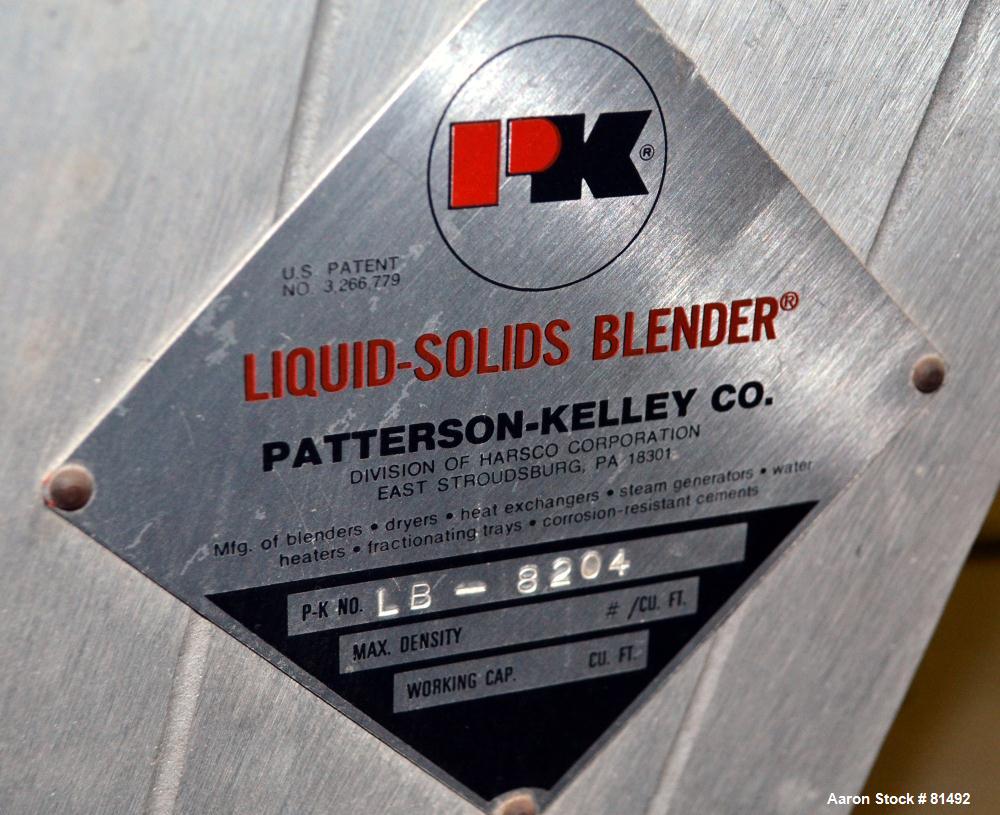 Used Patterson-Kelley Twin Shell Liquid-Solids Blender, 0.26 Cubic Feet Capacity (8 Quart), 304 Stainless Steel. (2) 7-1/2" Diameter x 15" deep shells with quick release top covers. Shell driven by a...