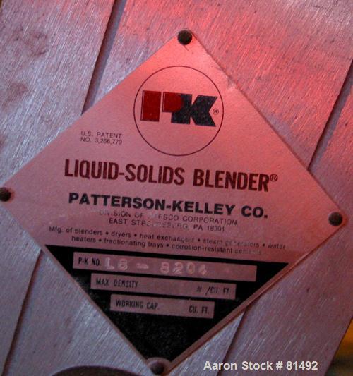 Used Patterson-Kelley Twin Shell Liquid-Solids Blender, 0.26 Cubic Feet Capacity (8 Quart), 304 Stainless Steel. (2) 7-1/2" Diameter x 15" deep shells with quick release top covers. Shell driven by a...