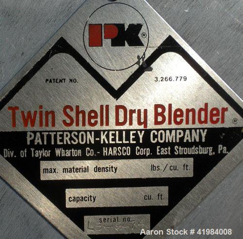 Used Patterson Kelley Twin Shell Dry Blender, 4 Quart Capacity (.16 Cubic Feet), 304 Stainless Steel. (2) 5 1/2" diameter charge ports with quick release covers. Shell 5 1/2" diameter x 9 1/2" deep. ...