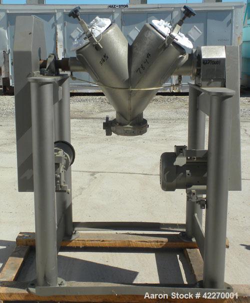 Used Patterson-Kelley Twin Shell Dry Blender, 1 cubic foot capacity, 316 stainless steel. 325 pounds per cubic foot maximum material density. 11-1/2’’ diameter cones. 316 Stainless steel intensifier ...