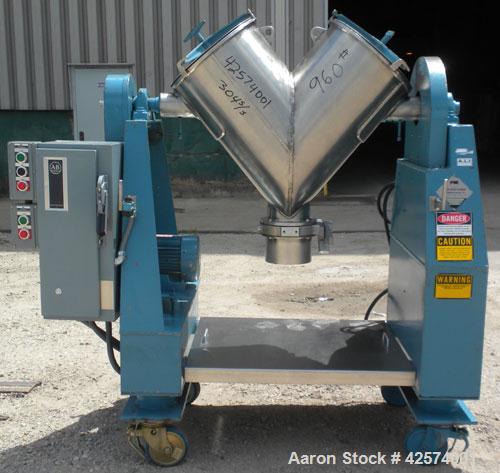 Used Patterson-Kelley Twin Shell Liquid-Solids Blender, 2 cubic feet capacity, 304 stainless steel. 60 Pounds per cubic foot maximum material density. 14’’ Diameter cones. Stainless steel pin intensi...
