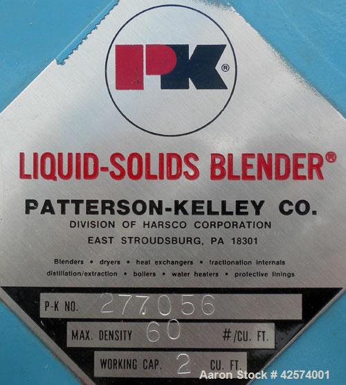 Used Patterson-Kelley Twin Shell Liquid-Solids Blender, 2 cubic feet capacity, 304 stainless steel. 60 Pounds per cubic foot maximum material density. 14’’ Diameter cones. Stainless steel pin intensi...