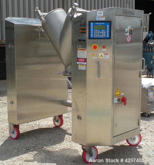 Used Patterson-Kelley Twin Shell Liquid-Solids Blender, 2 cubic feet capacity, 316 stainless steel. 62 Pounds per cubic foot maximum material density. 14’’ Diameter cones. Stainless steel pin intensi...