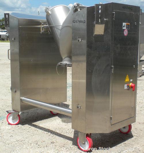 Used Patterson-Kelley Twin Shell Liquid-Solids Blender, 2 cubic feet capacity, 316 stainless steel. 62 Pounds per cubic foot maximum material density. 14’’ Diameter cones. Stainless steel pin intensi...