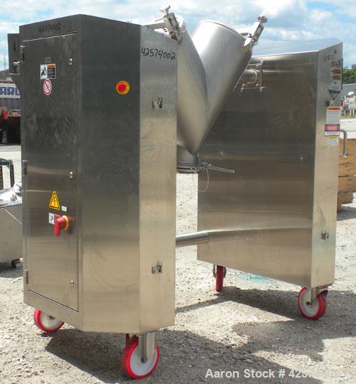 Used Patterson-Kelley Twin Shell Liquid-Solids Blender, 2 cubic feet capacity, 316 stainless steel. 62 Pounds per cubic foot maximum material density. 14’’ Diameter cones. Stainless steel pin intensi...