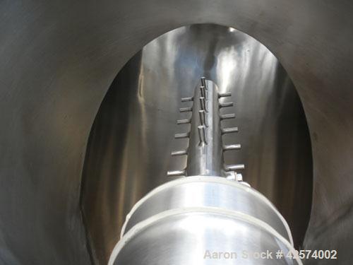 Used Patterson-Kelley Twin Shell Liquid-Solids Blender, 2 cubic feet capacity, 316 stainless steel. 62 Pounds per cubic foot maximum material density. 14’’ Diameter cones. Stainless steel pin intensi...