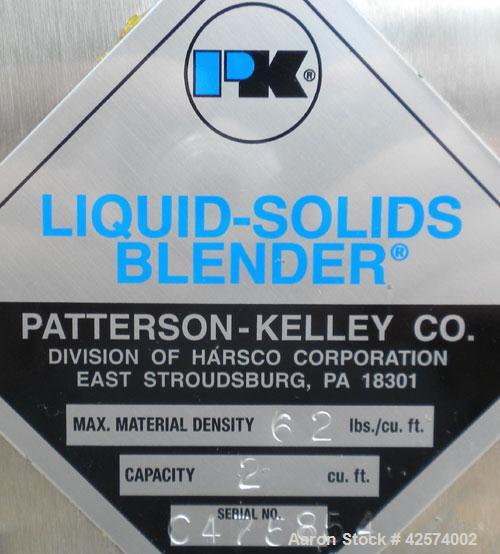 Used Patterson-Kelley Twin Shell Liquid-Solids Blender, 2 cubic feet capacity, 316 stainless steel. 62 Pounds per cubic foot maximum material density. 14’’ Diameter cones. Stainless steel pin intensi...