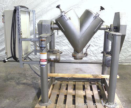 Used Patterson-Kelley Twin Shell Dry Blender, 2 cubic feet capacity, 316 stainless steel. 270 Pounds per cubic foot maximum material density. 14’’ Diameter cones. 316 Stainless steel pin intensifier ...