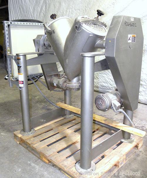 Used Patterson-Kelley Twin Shell Dry Blender, 2 cubic feet capacity, 316 stainless steel. 270 Pounds per cubic foot maximum material density. 14’’ Diameter cones. 316 Stainless steel pin intensifier ...