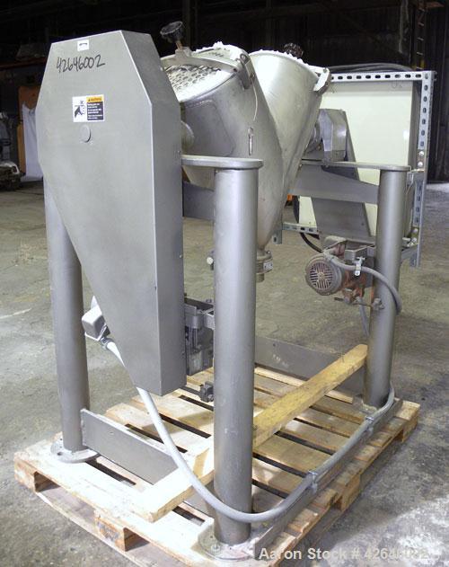 Used Patterson-Kelley Twin Shell Dry Blender, 2 cubic feet capacity, 316 stainless steel. 270 Pounds per cubic foot maximum material density. 14’’ Diameter cones. 316 Stainless steel pin intensifier ...