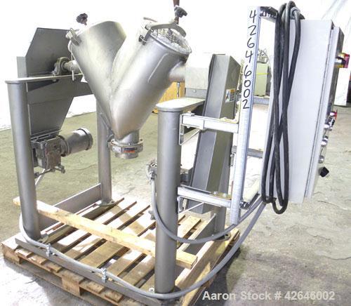 Used Patterson-Kelley Twin Shell Dry Blender, 2 cubic feet capacity, 316 stainless steel. 270 Pounds per cubic foot maximum material density. 14’’ Diameter cones. 316 Stainless steel pin intensifier ...