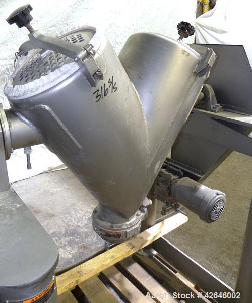 Used Patterson-Kelley Twin Shell Dry Blender, 2 cubic feet capacity, 316 stainless steel. 270 Pounds per cubic foot maximum material density. 14’’ Diameter cones. 316 Stainless steel pin intensifier ...