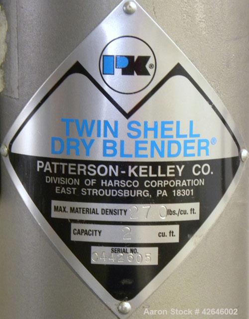 Used Patterson-Kelley Twin Shell Dry Blender, 2 cubic feet capacity, 316 stainless steel. 270 Pounds per cubic foot maximum material density. 14’’ Diameter cones. 316 Stainless steel pin intensifier ...