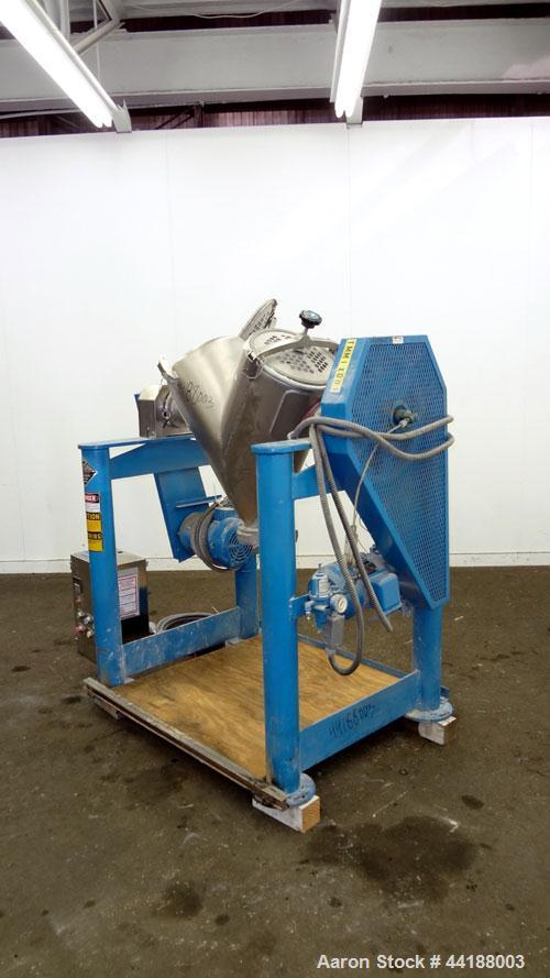 Used Patterson-Kelley Twin Shell Dry Blender, 2 Cubic Feet Capacity, 316 Stainless Steel. 325 Pounds a cubic foot maximum material density. (2) Approximate 13” diameter charge ports with quick releas...