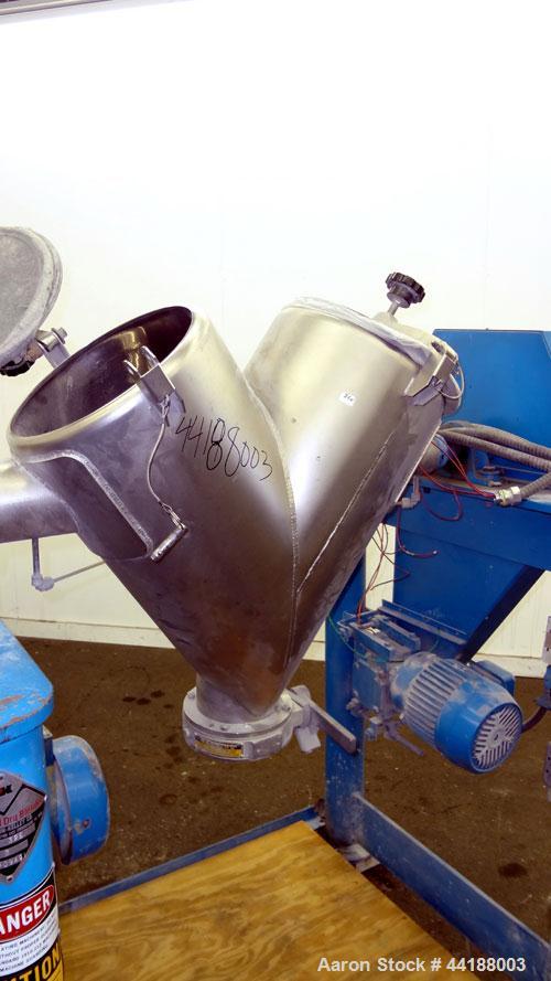 Used Patterson-Kelley Twin Shell Dry Blender, 2 Cubic Feet Capacity, 316 Stainless Steel. 325 Pounds a cubic foot maximum material density. (2) Approximate 13” diameter charge ports with quick releas...