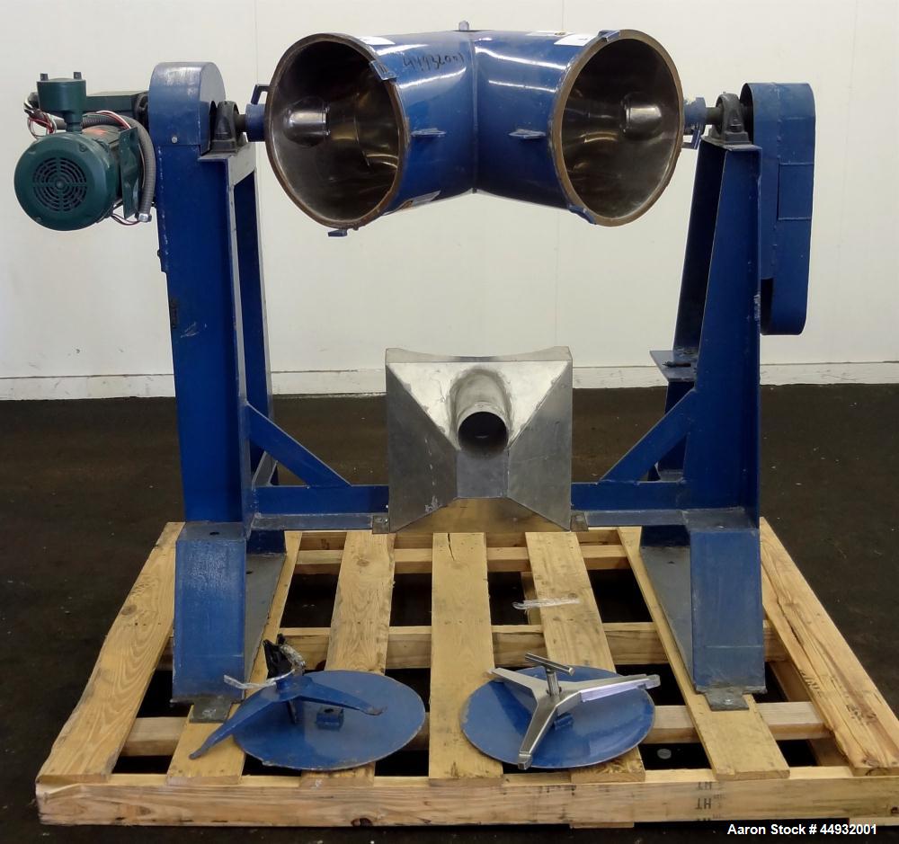 Used Patterson-Kelley Twin Shell Dry Blender, 2 Cubic Feet Capacity, 304 Stainless Steel. Maximum material density 90 pounds per cubic foot. (2) 15" Diameter charge ports with quick release covers. O...