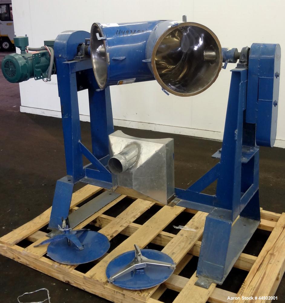Used Patterson-Kelley Twin Shell Dry Blender, 2 Cubic Feet Capacity, 304 Stainless Steel. Maximum material density 90 pounds per cubic foot. (2) 15" Diameter charge ports with quick release covers. O...