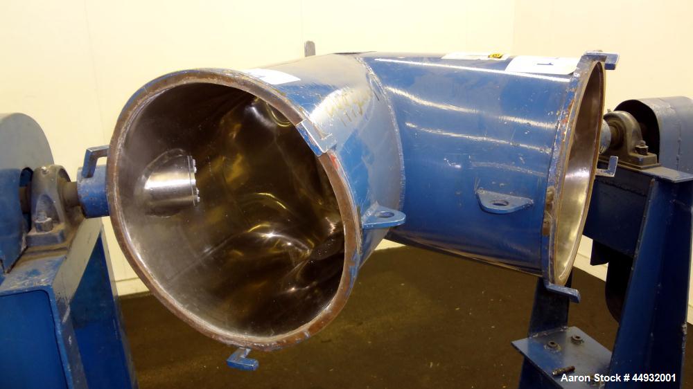 Used Patterson-Kelley Twin Shell Dry Blender, 2 Cubic Feet Capacity, 304 Stainless Steel. Maximum material density 90 pounds per cubic foot. (2) 15" Diameter charge ports with quick release covers. O...