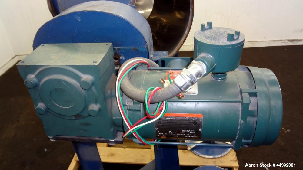 Used Patterson-Kelley Twin Shell Dry Blender, 2 Cubic Feet Capacity, 304 Stainless Steel. Maximum material density 90 pounds per cubic foot. (2) 15" Diameter charge ports with quick release covers. O...